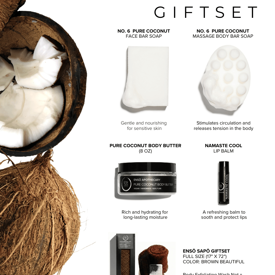 Pure Coconut gift set with coconuts, soaps, and other products on a white background