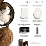Pure Coconut gift set with coconuts, soaps, and other products on a white background